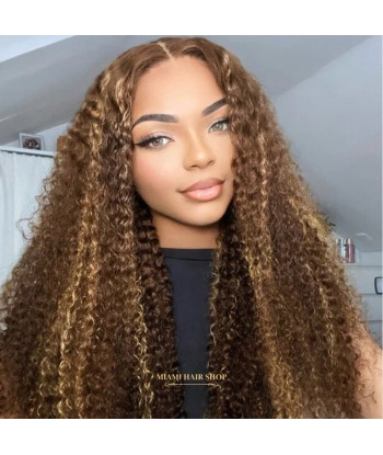 Perruque Kinky Curly Chatain Méché Blond Sans Colle avec Dentelle Pré-Coupée 50% de réduction en Octobre 2024