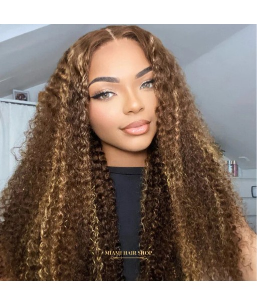 Perruque Kinky Curly Chatain Méché Blond Sans Colle avec Dentelle Pré-Coupée de France