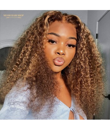 Perruque Kinky Curly Chatain Méché Blond Sans Colle avec Dentelle Pré-Coupée de France