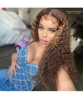 Perruque Kinky Curly Chatain Méché Blond Sans Colle avec Dentelle Pré-Coupée de France