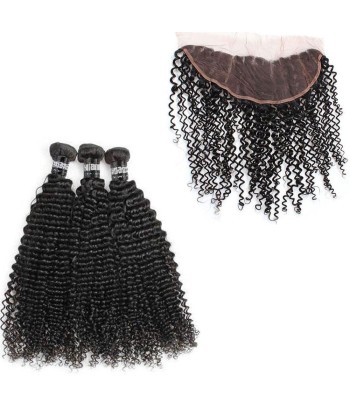 3 Paquets de Tissage + Lace Frontal Kinky Curly 13x4 pour bénéficier 